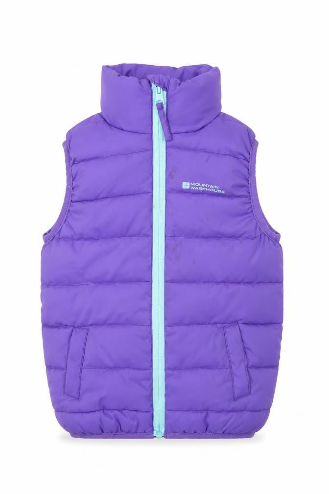 Front view of Mountain Warehouse girls’ purple puffer jacket 3-4 years