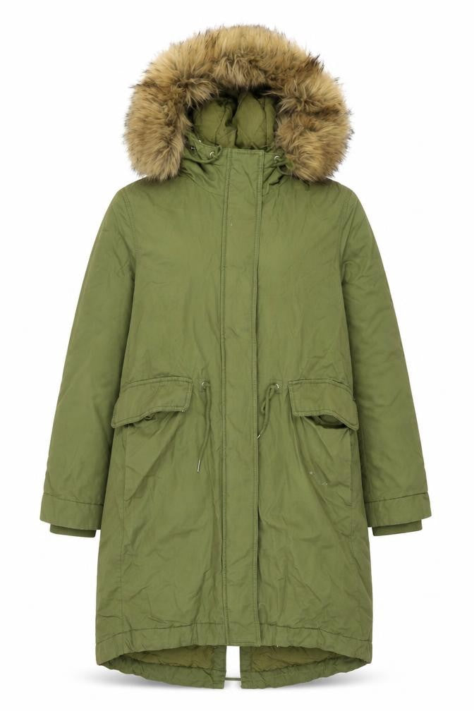 H&M Women's Green Parka Coat Size S Hooded Fur Trim