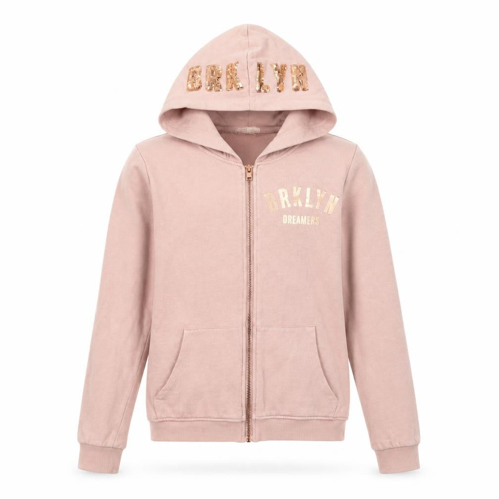 Front view of H&M girls’ pink full zip hoodie, size 14, years, embroidered