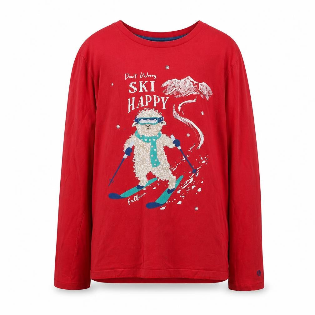 Front view of FatFace girls’ red ski happy long sleeve t-shirt 12-13 years