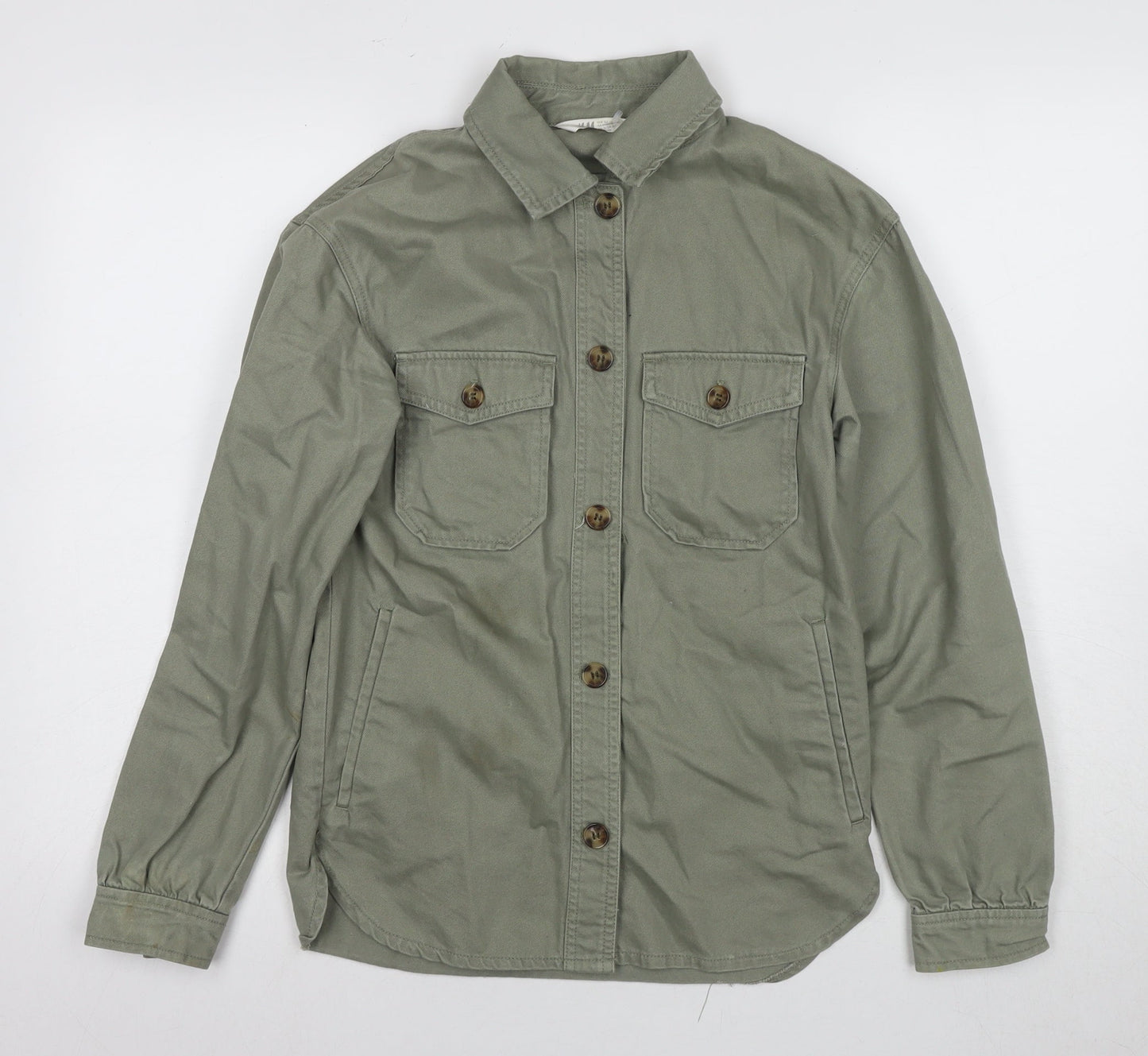 H&M Boys Green Cotton Shirt Jacket, Size 14, Button Closure