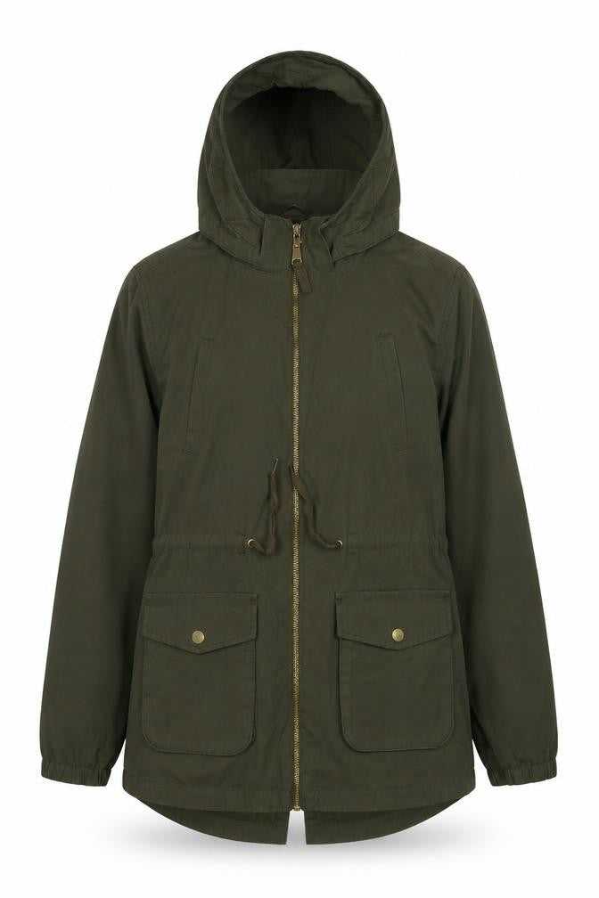 Front view of H&M girls’ green parka jacket with hood, size 12-13, years