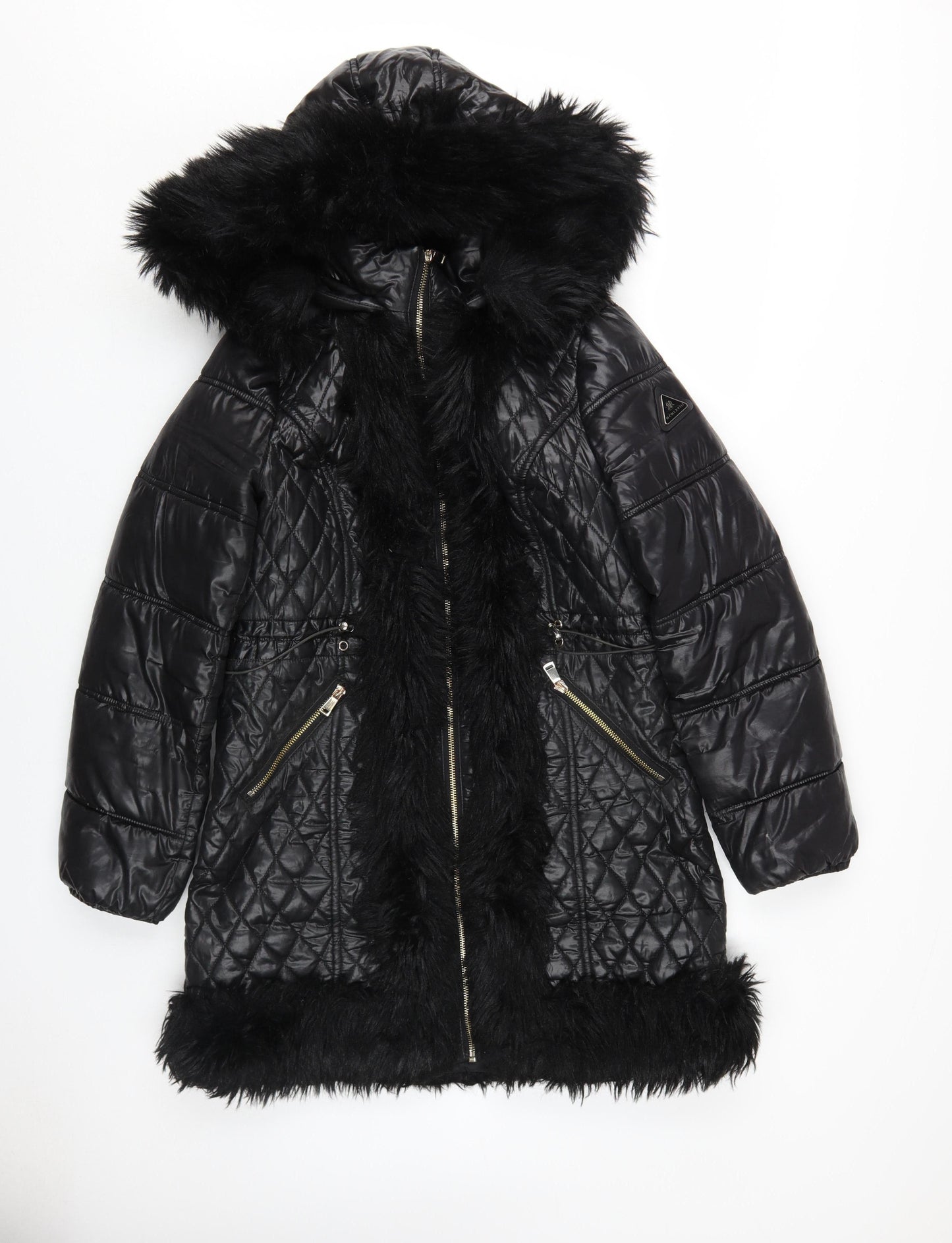 River Island Women's Black Quilted Coat with Fur Trim Size 10