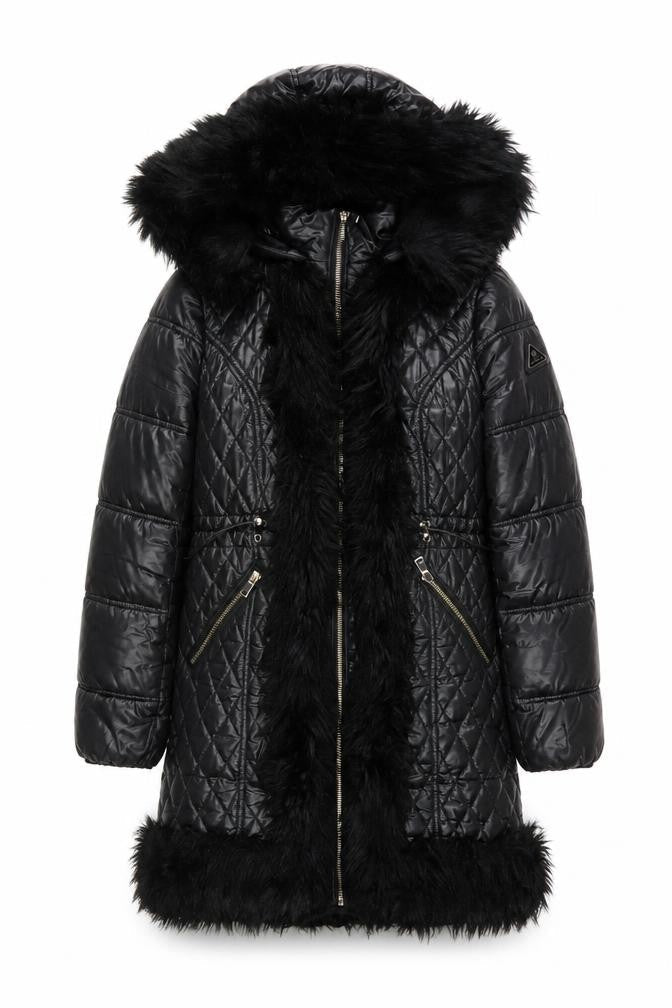 River Island Women's Black Quilted Coat with Fur Trim Size 10