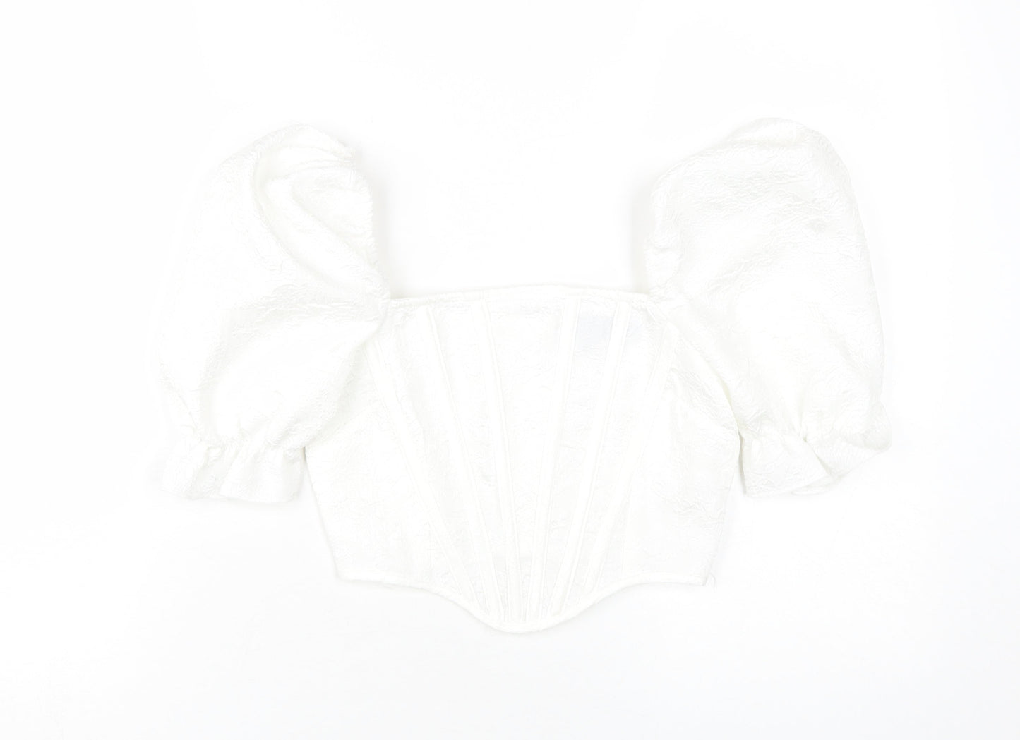 PrettyLittleThing Women's White Cropped Blouse - Size 6 Puff Sleeve