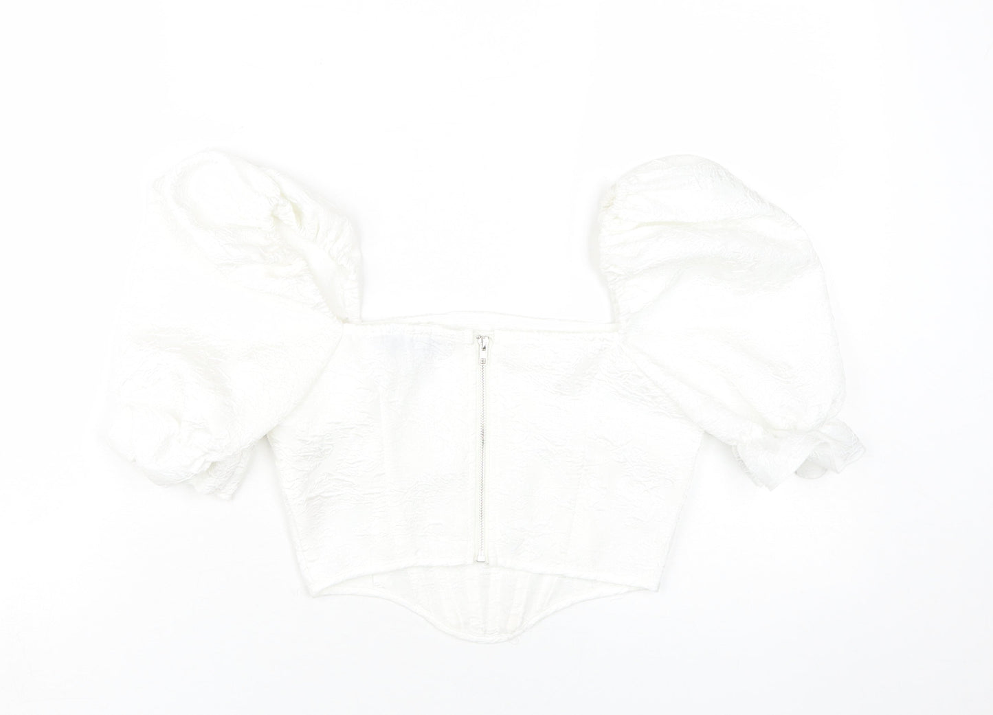 PrettyLittleThing Women's White Cropped Blouse - Size 6 Puff Sleeve