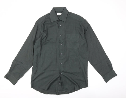 Marks and Spencer Men's Green Vintage Button-Up Shirt, Size 15