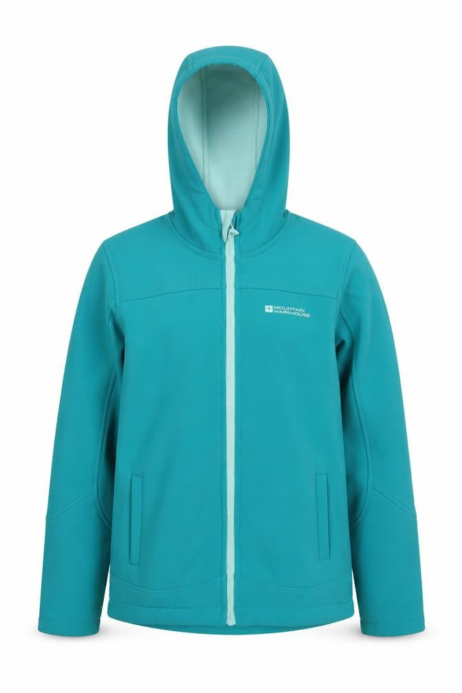Front view of Mountain Warehouse boys’ blue soft shell jacket 9-10 years