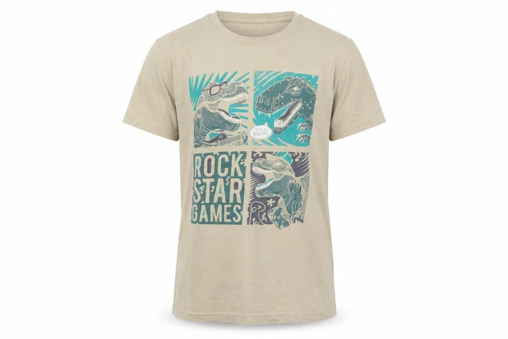 Front view of Fashion Field Men Beige Dinosaur T-Shirt M