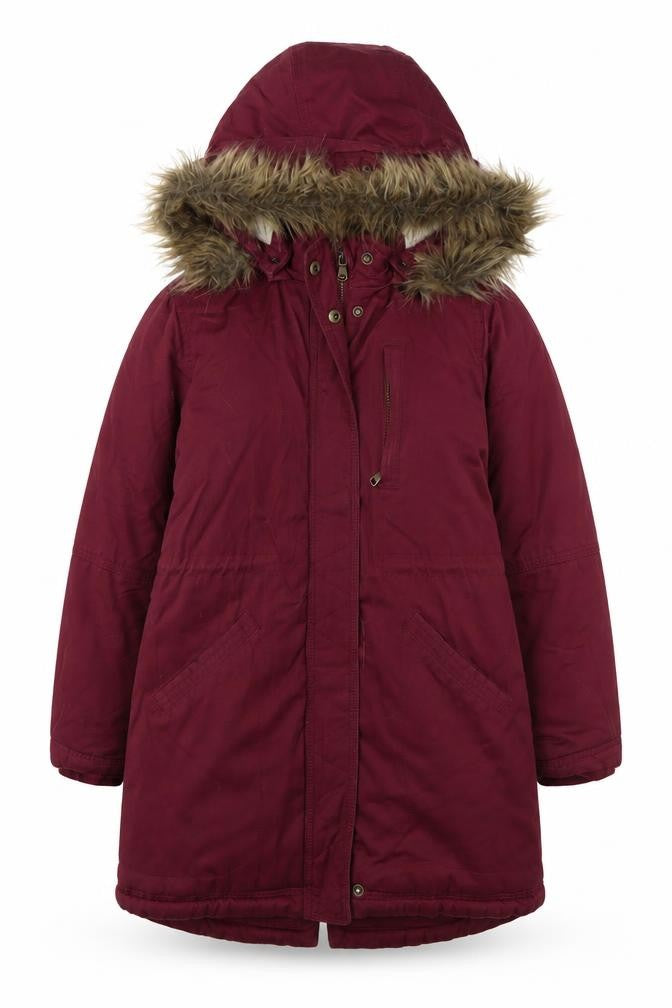 Front view of Arizona girls’ red parka coat with fur trim, size 8, years
