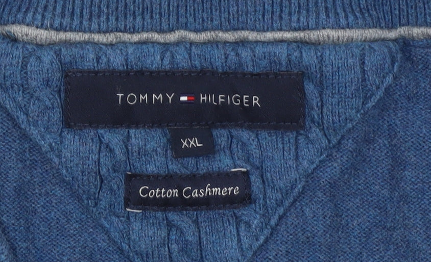 Tommy Hilfiger Men's Blue 2XL Cotton Cashmere V-Neck Jumper