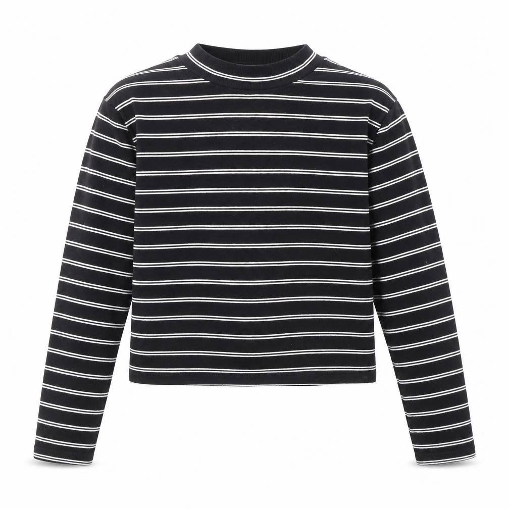 Front view of New Look girls’ black striped cropped long sleeve t-shirt