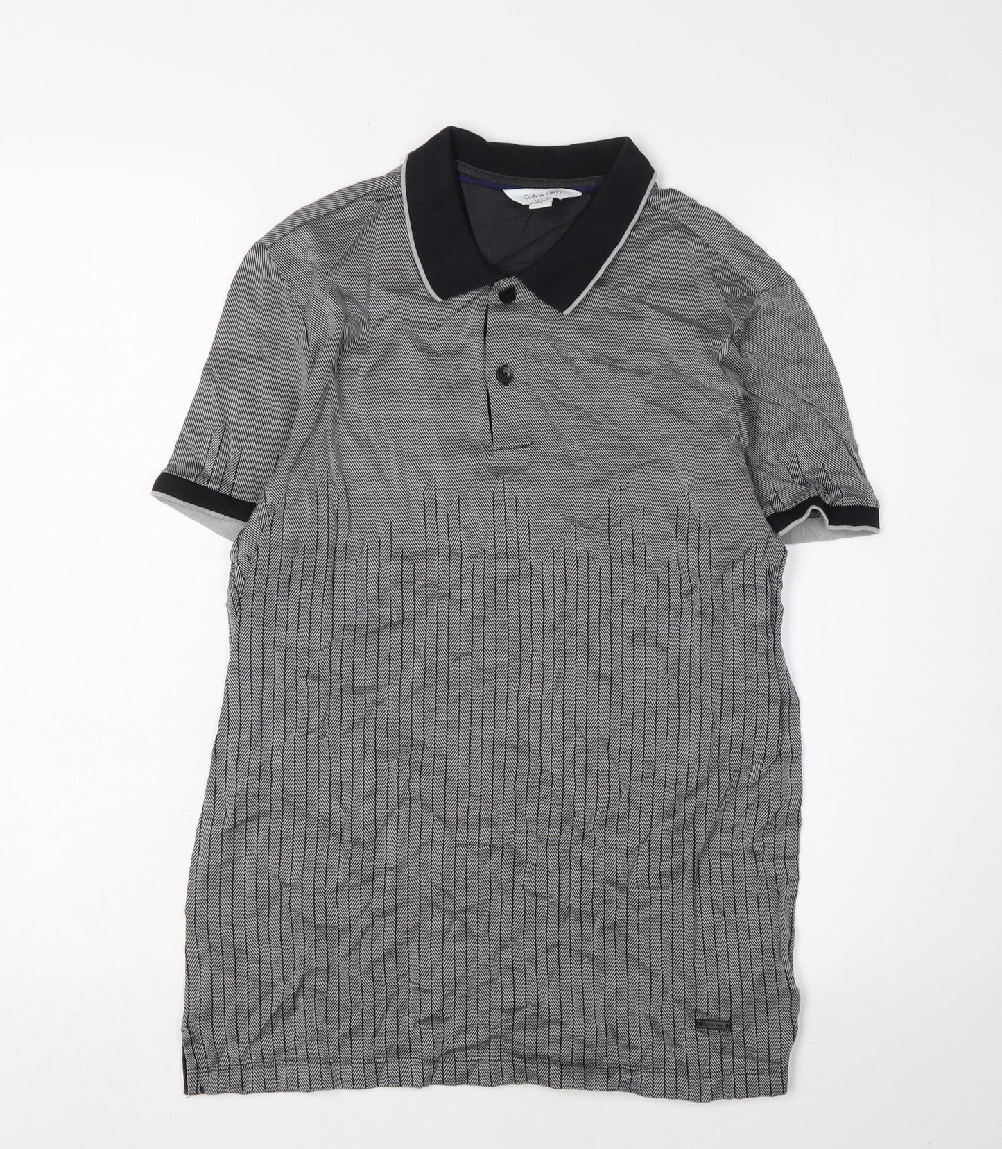 Calvin Klein Men's Grey Striped Polo Shirt Size S
