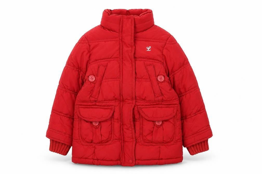 Front view of H&M girls’ red puffer jacket 4 years winter coat