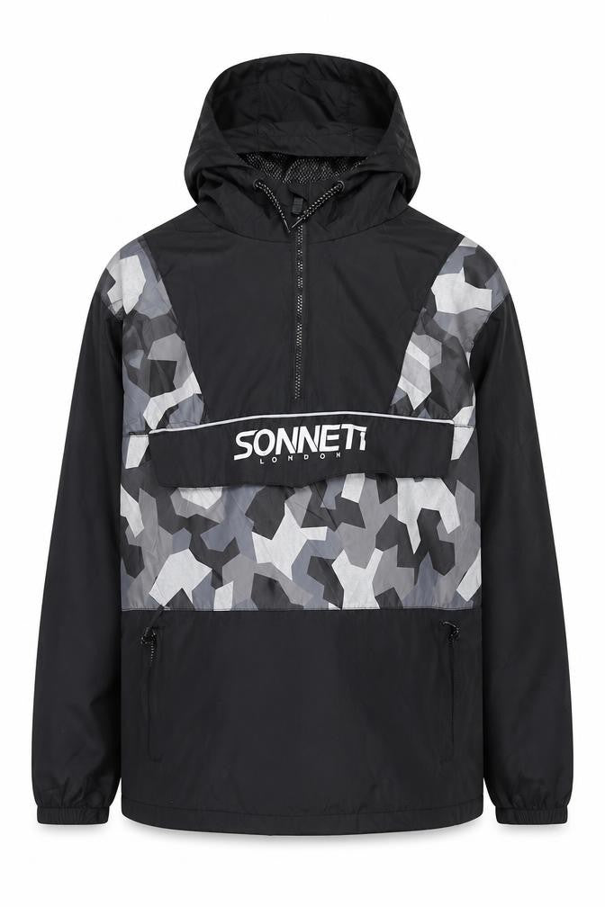 Front view of Sonneti boys’ black camo anorak jacket xl