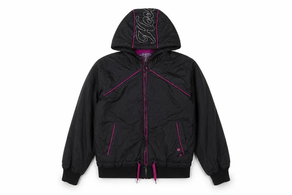 Front view of Hooch girls’ black bomber jacket, hooded, age 10-11 years