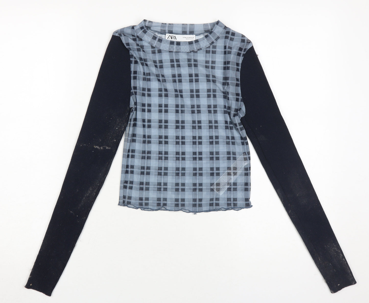 Zara Women's Blue Check Cropped Top, Size M, Long Sleeve
