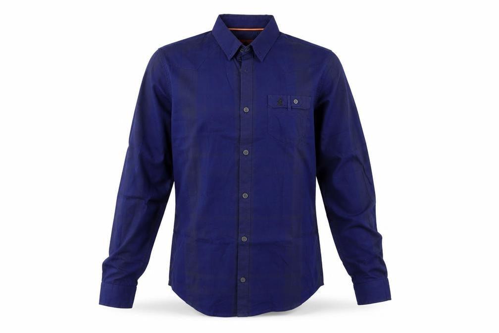 Front view of Luke Men's Slim Fit Blue Button-Up Shirt, size S