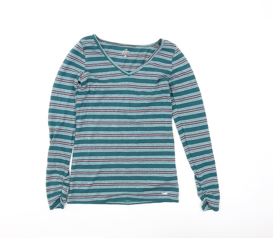Hollister Women’s Green Striped V-Neck T-Shirt