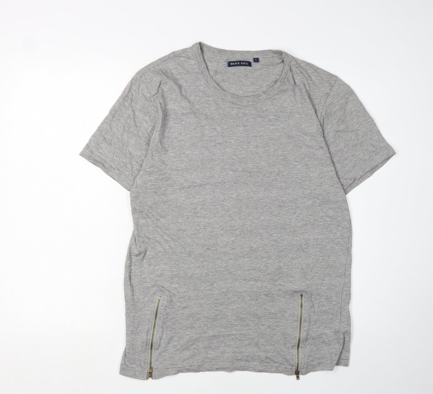 Brave Soul Men's Grey Crew Neck T-Shirt L with Zipped Accents