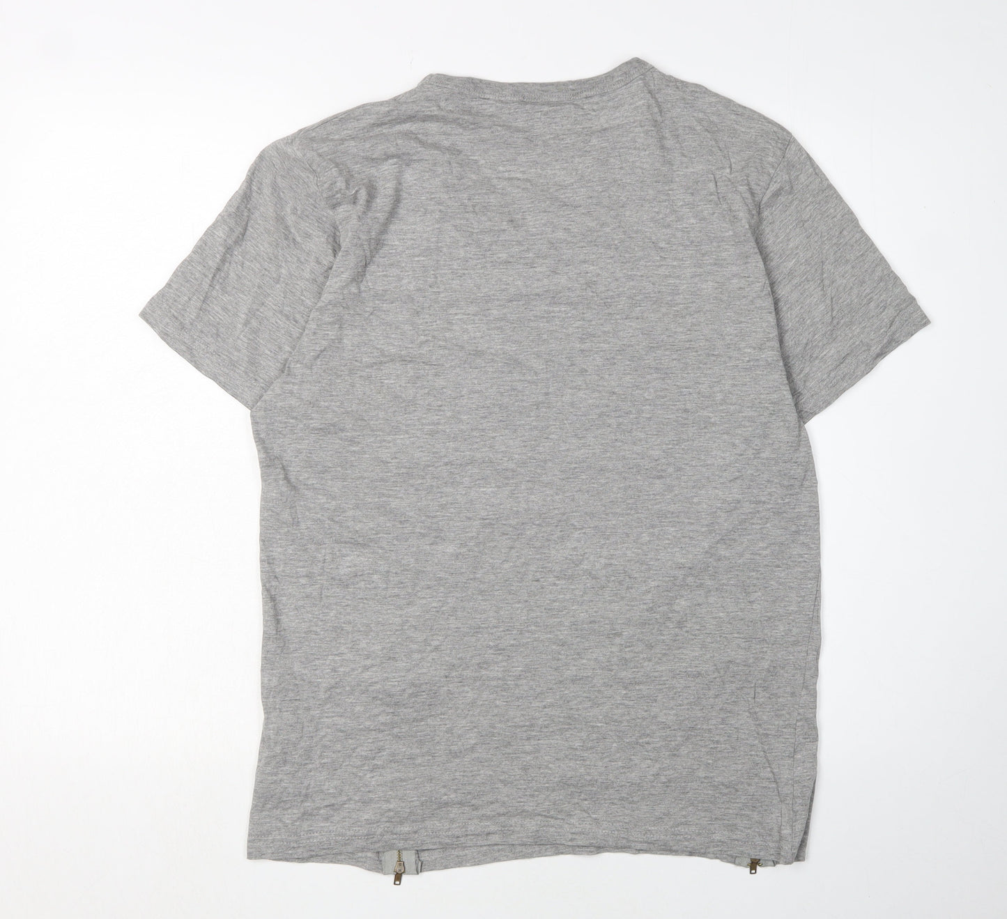 Brave Soul Men's Grey Crew Neck T-Shirt L with Zipped Accents