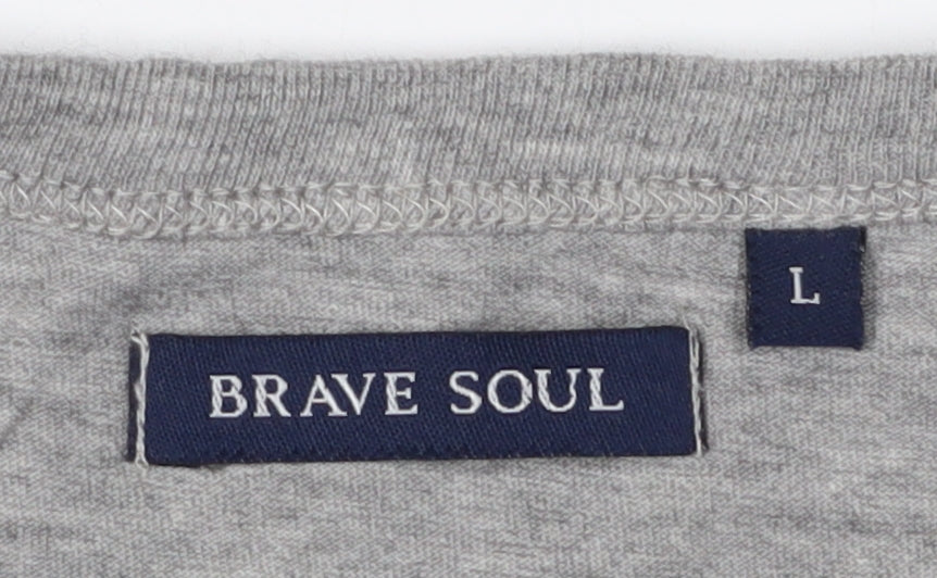 Brave Soul Men's Grey Crew Neck T-Shirt L with Zipped Accents