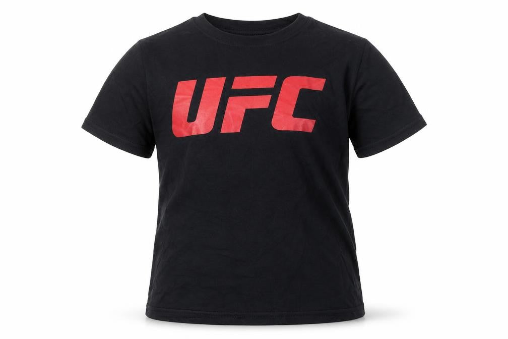 Front view of UFC boys’ black cotton t-shirt 7-8 years with logo, new
