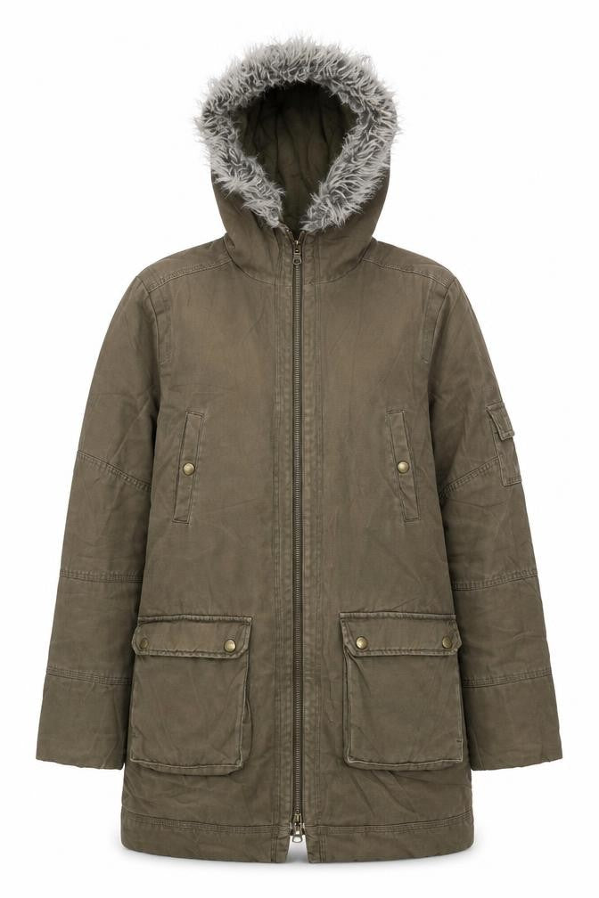 Front view of Roman Originals Women's Green Parka Coat, size S