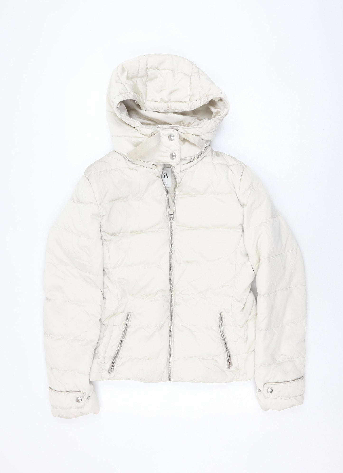 Zara Women Ivory Puffer Jacket M Winter Hooded
