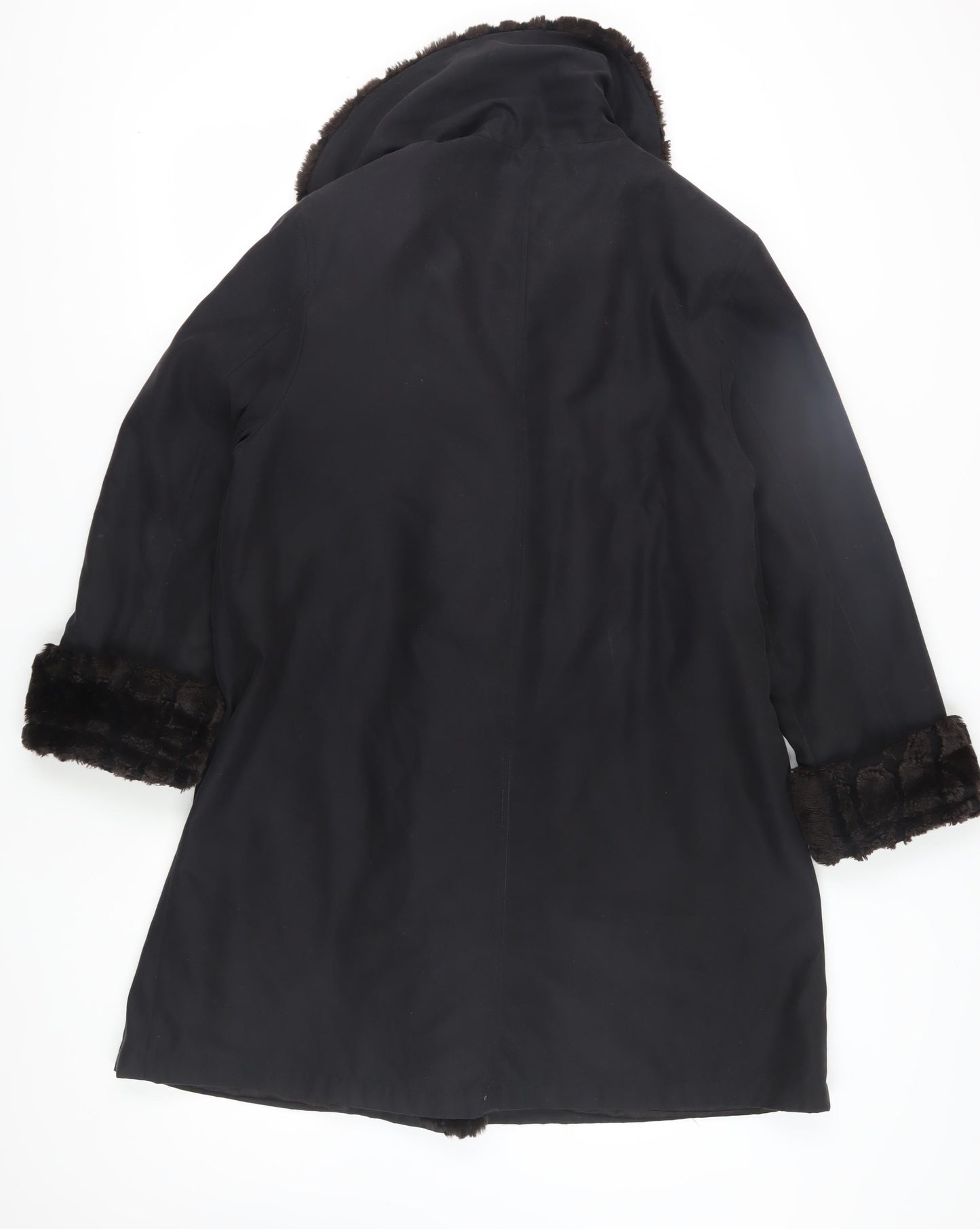 BHS Women's Black Overcoat with Fur Trim, Size 12