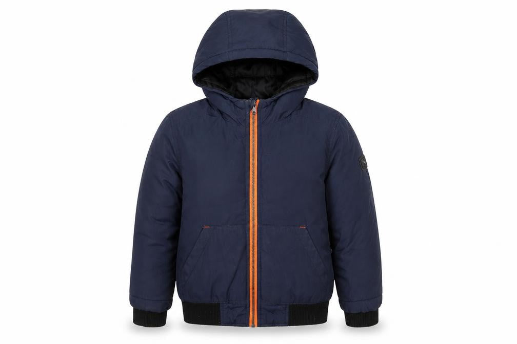 Front view of Michael Kors boys’ blue puffer jacket 5-6 years hooded