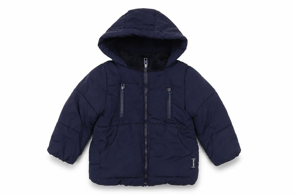 Front view of Zara girls’ blue puffer jacket 3-4 years with hood