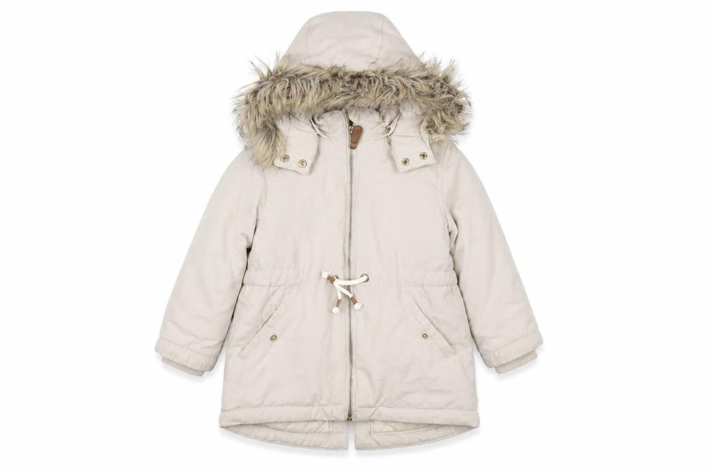 Front view of L.O.G.G. girls’ beige parka 3-4 years with faux fur hood