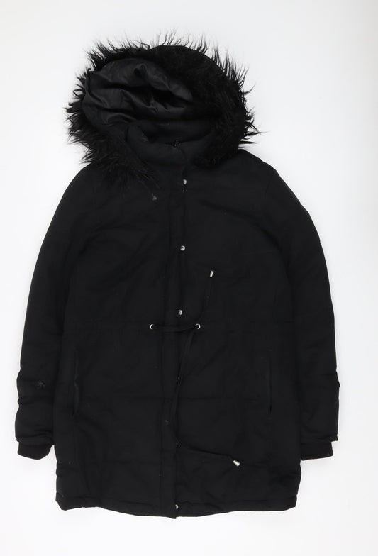 H&M Women's Black Parka with Fur Trim Size 12