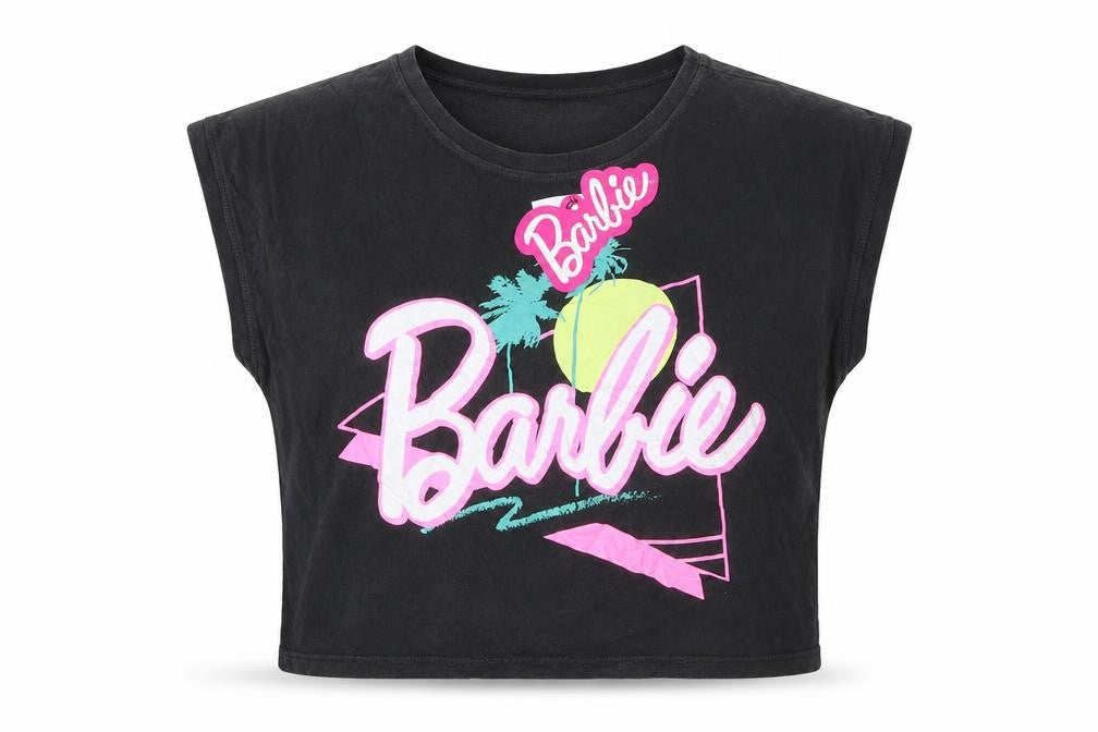 Front view of Barbie girls’ black cropped t-shirt 11-12 years graphic logo