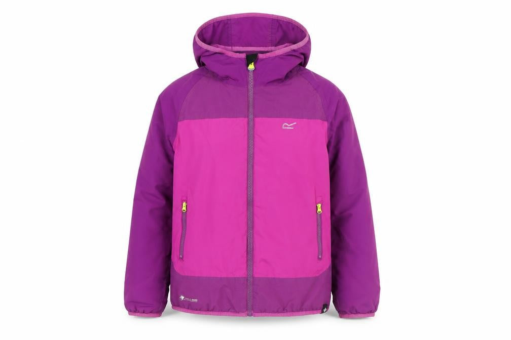 Front view of Regatta girls’ purple puffer jacket 12 years waterproof
