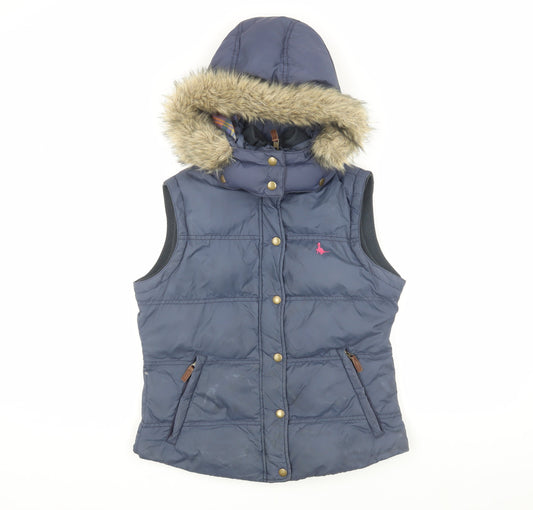 Jack Wills Women's Blue Puffer Waistcoat with Fur Trim, Size 10