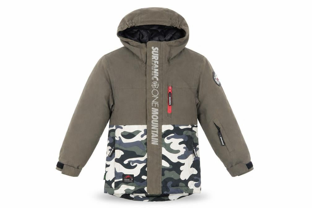 Front view of Surfanic boys’ army camouflage parka 8 years waterproof hooded