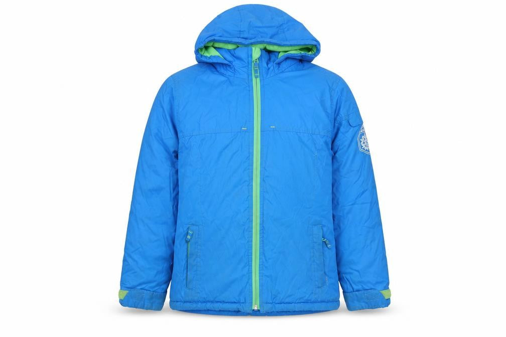 Front view of Oxylane boys’ blue ski jacket 10 years, winter skiing hooded coat