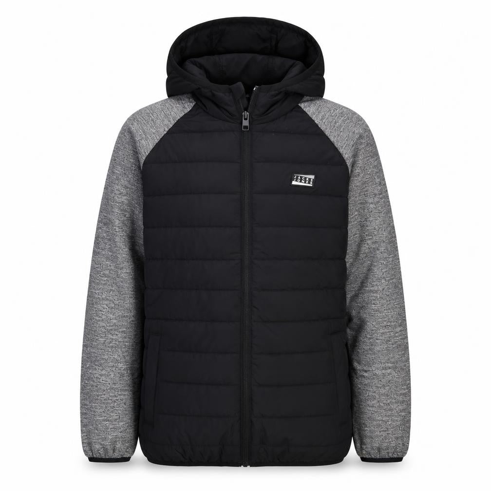 Front view of Jack & Jones boys’ black puffer jacket, size 164