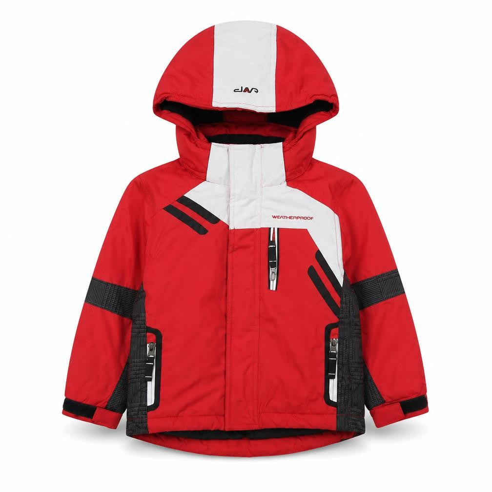 Front view of Weatherproof boys’ red ski jacket 3 years hooded waterproof