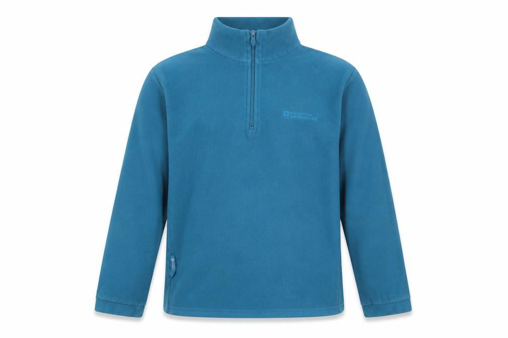 Front view of Mountain Warehouse boys’ blue 1/2 zip fleece sweatshirt, 10 years