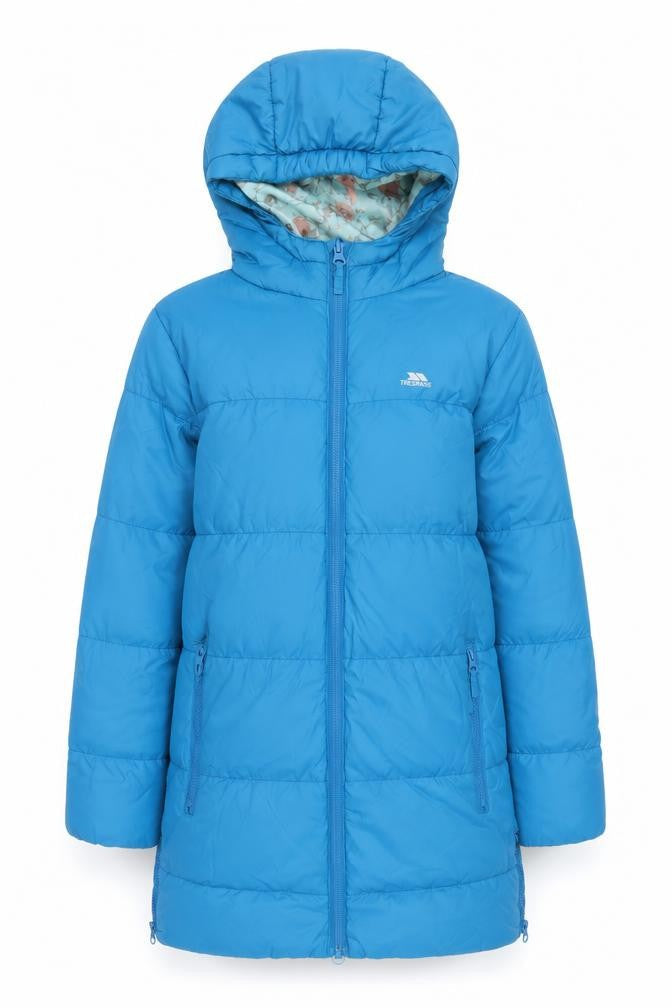 Front view of Trespass girls’ blue puffer jacket, 8 years, winter coat