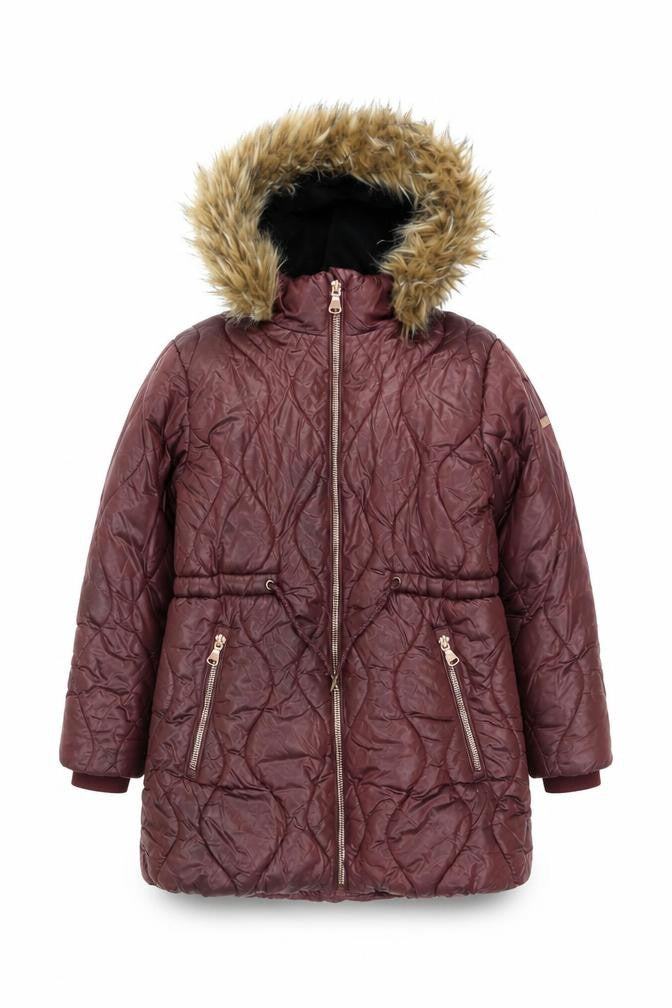 Front view of Next girls’ burgundy puffer jacket 8y hooded winter coat