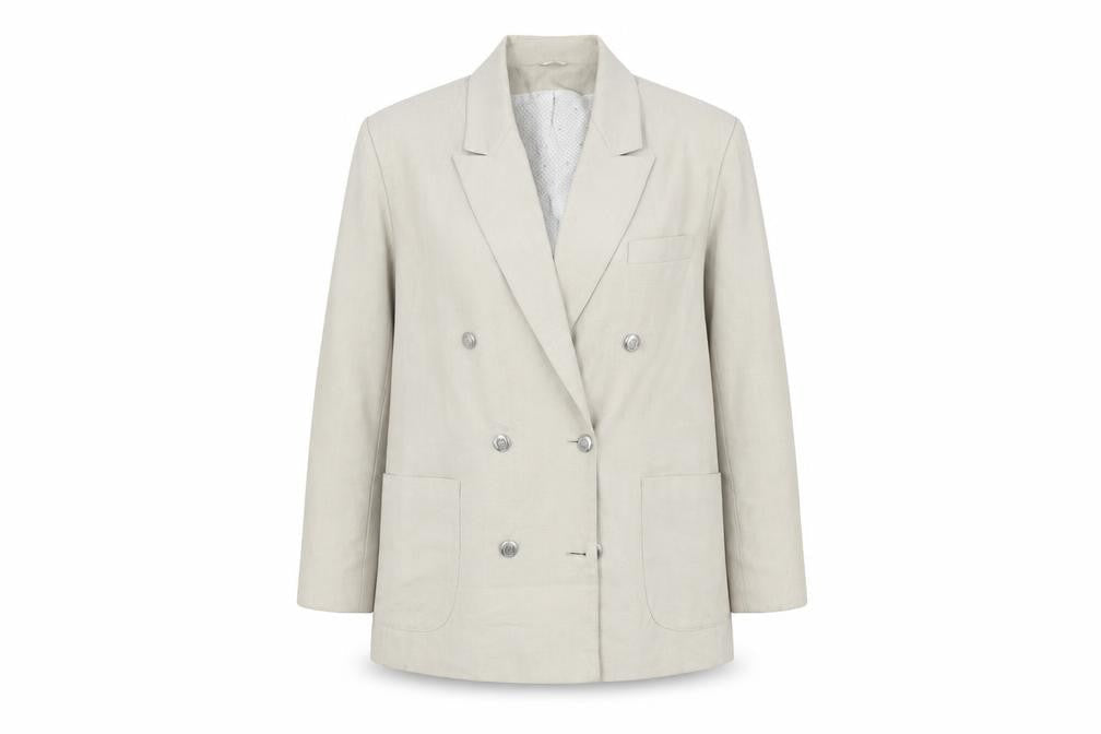 Front view of Canda Women's Beige Double-Breasted Suit Jacket, size 14
