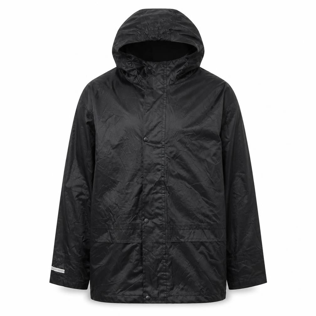 Front view of the Rainsuit Shop boys’ black waterproof rain coat 11-12