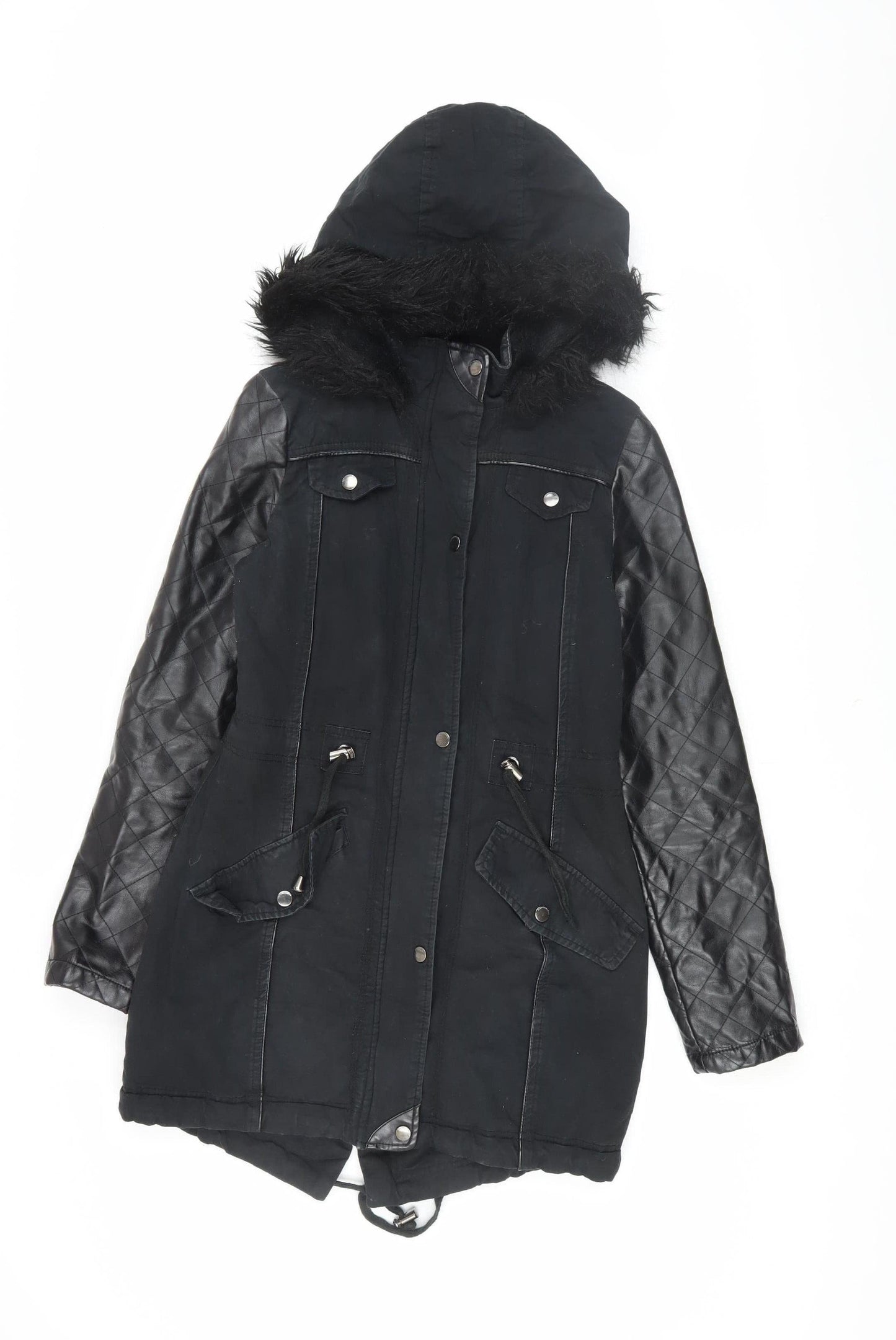 Brave Soul Women's Black Parka Jacket with Fur Trim XS