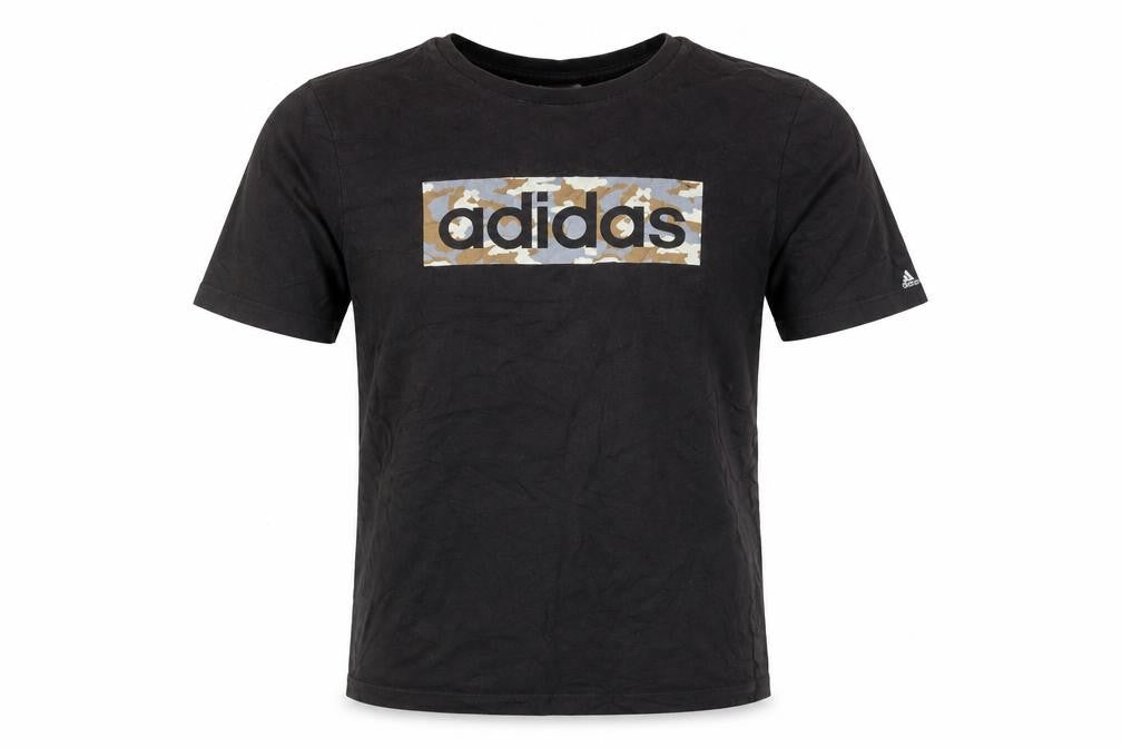 Front view of Adidas boys’ black logo camouflage graphic t-shirt, size 13-14