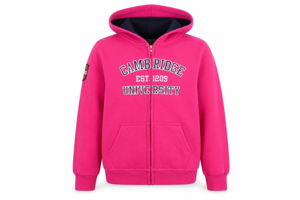 Front view of University of Cambridge girls’ pink full zip hoodie 11-12 years