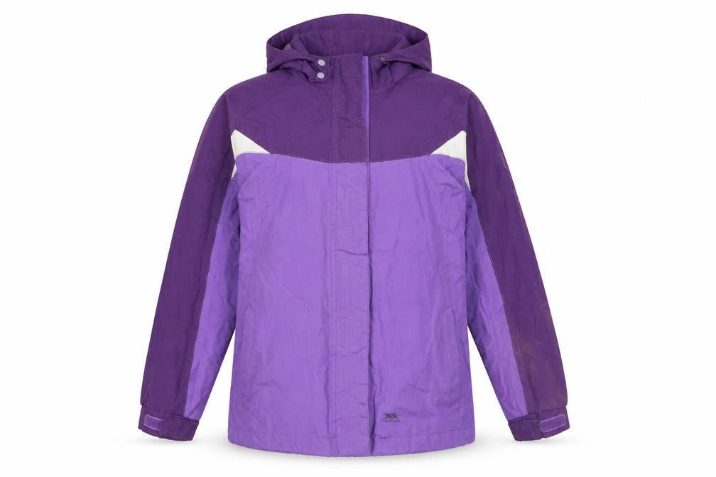 Front view of Trespass girls’ purple parka jacket 9-10 years waterproof
